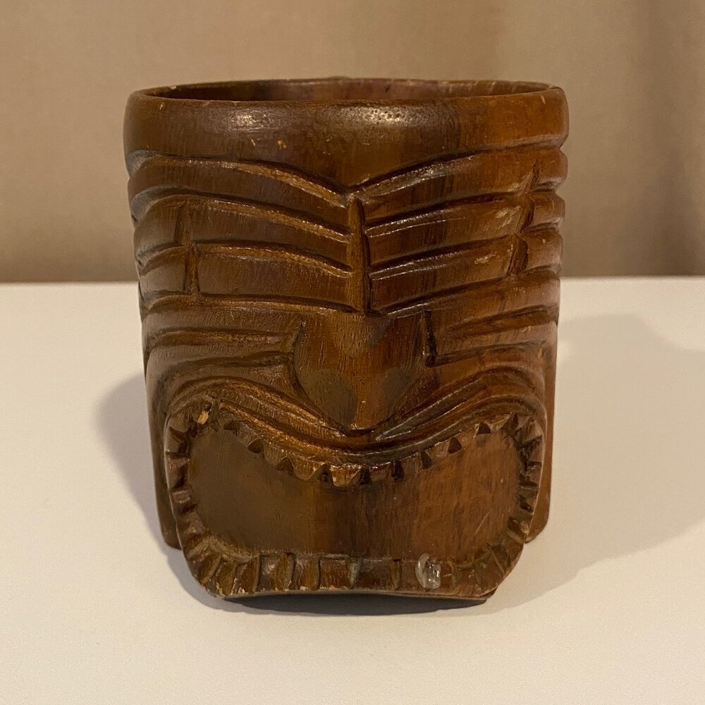 Vintage Polynesian Monkey Pod Wood Carved Hawaiian‎ Tiny Tiki Mug